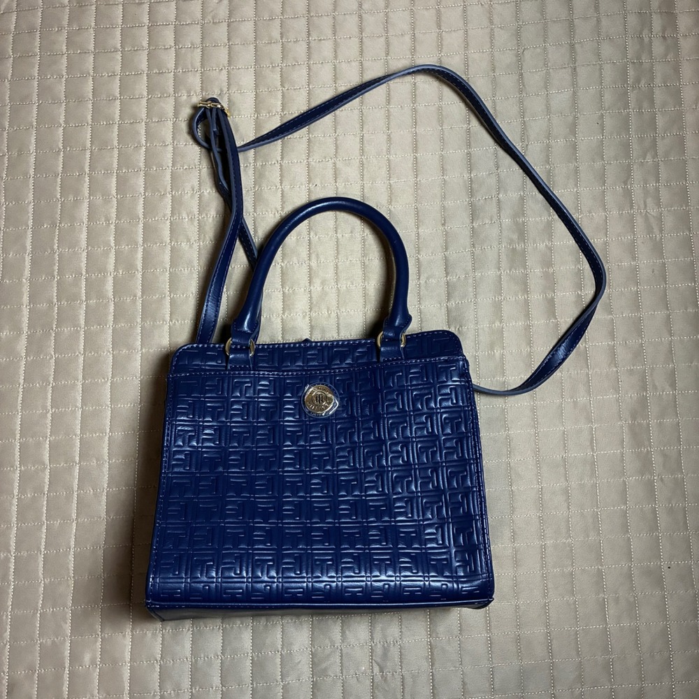 Tommy Hilfiger Navy Blue Monogram Satchel Crossbody Bag 69J2992 410 Medium Purse